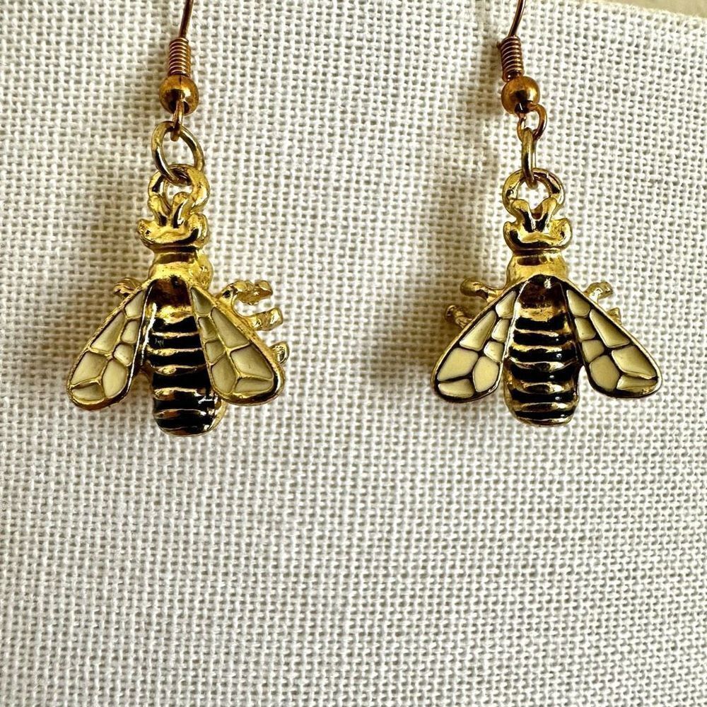 Gold tone and black bee earrings